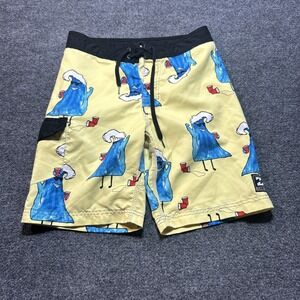Billabong Board Shorts Men 28 Yellow Blue Wave Print Drawstring Surf Swim Trunks